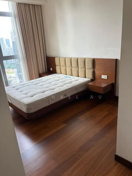 Bedroom features: queen-size bed base, upholstered headboard, wooden flooring, large window with city view, floor-to-ceiling curtains, nightstand with drawer, wall-mounted electrical outlet, light-colored wall, wood panel accent wall; style: modern; view: city.