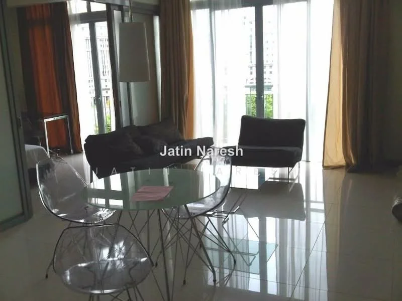 Living features: floor-to-ceiling windows, sliding glass door, curtains in beige, 2-seater fabric sofa in dark grey, 3-seater fabric sofa in dark grey, glass dining table, transparent plastic dining chairs, polished tile flooring, decorative wall art, area rug with geometric pattern; style: modern; view: garden.