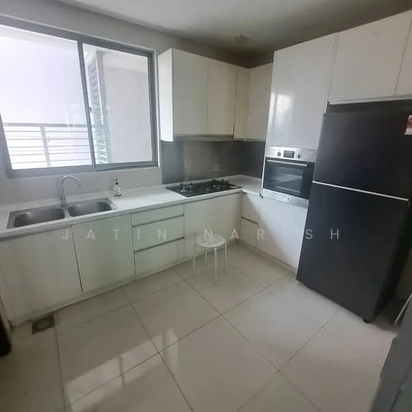 Kitchen features: white cabinetry, black countertop, double-bowl stainless-steel sink, chrome pull-down faucet, 4-burner gas hob, built-in oven, stainless-steel fridge, white tiled backsplash, ceramic tile flooring, floor-to-ceiling window, natural light, stool, grey wall, ventilation hood; style: modern.