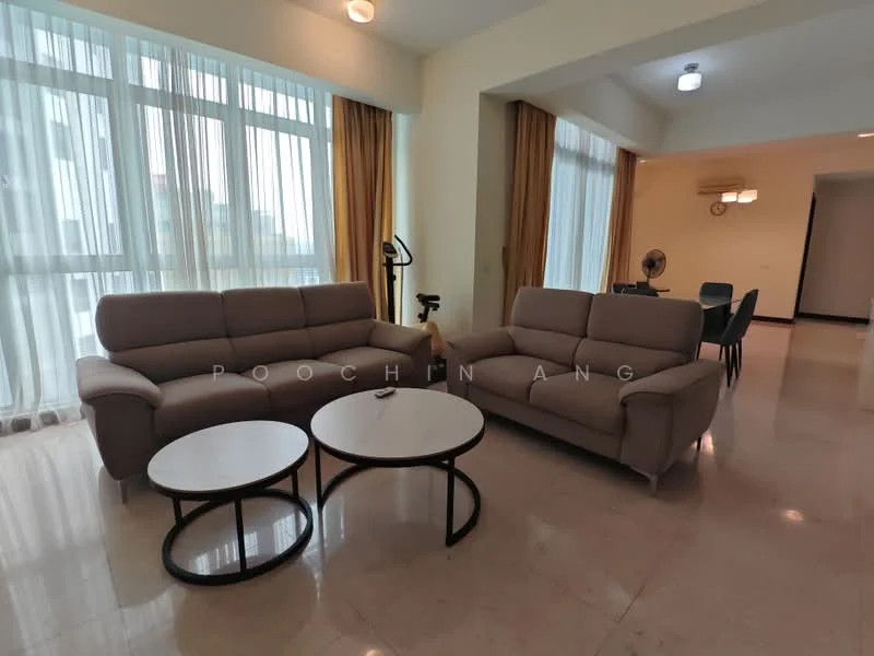 Living features: 2-seater fabric sofa in light grey, 3-seater fabric sofa in light grey, round coffee table with black metal base, round coffee table with white top, floor-to-ceiling windows with sheer curtains, marble flooring, recessed downlights, ceiling-mounted air conditioning unit, wall-mounted fan, decorative wall with neutral paint; style: modern; view: city.