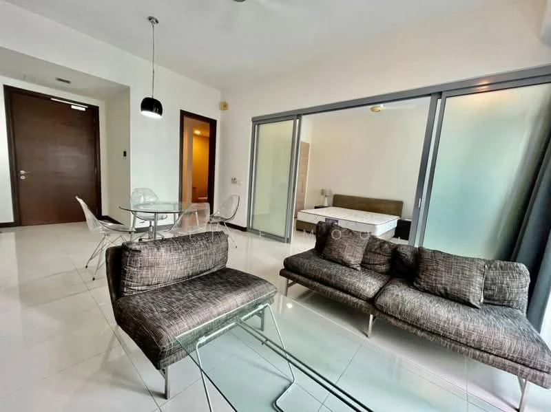 Living features: 3-seater fabric sofa in grey, glass coffee table, 4-seater dining table with transparent chairs, floor-to-ceiling windows, white walls, white tiled flooring, ceiling fan, recessed downlights; style: modern. Room features: bed frame without mattress, white walls, grey accent wall.