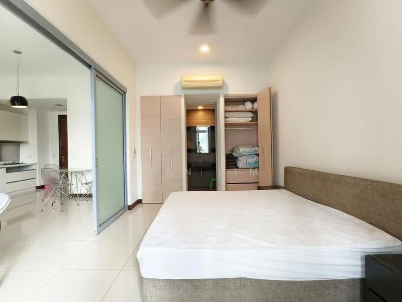 Bedroom features: queen-size bed, upholstered headboard, built-in wardrobe with sliding doors, white walls, recessed downlights, ceiling fan, tile flooring, window with view to outside; style: modern.