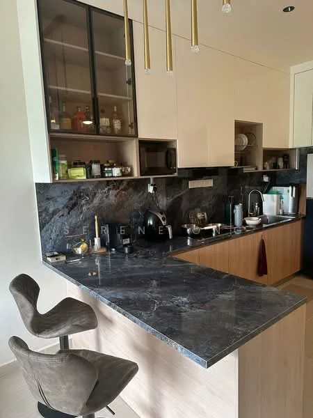 Kitchen features: black marble countertop, wood cabinetry, glass-front upper cabinets, stainless-steel sink, chrome pull-down faucet, built-in microwave, freestanding range oven, kettle, toaster, bar stools, recessed downlights, dark stone backsplash; style: modern.