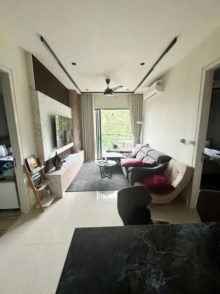 Living features: 5-blade ceiling fan with light, wall-mounted TV, TV console, 3-seater fabric sofa in beige, coffee table, area rug, floor-to-ceiling windows, curtains, recessed downlights, marble accent wall, decorative wall paneling, sliding glass door, view of greenery; style: modern; view: garden. Room features: cream painted walls, light-colored flooring, open layout.