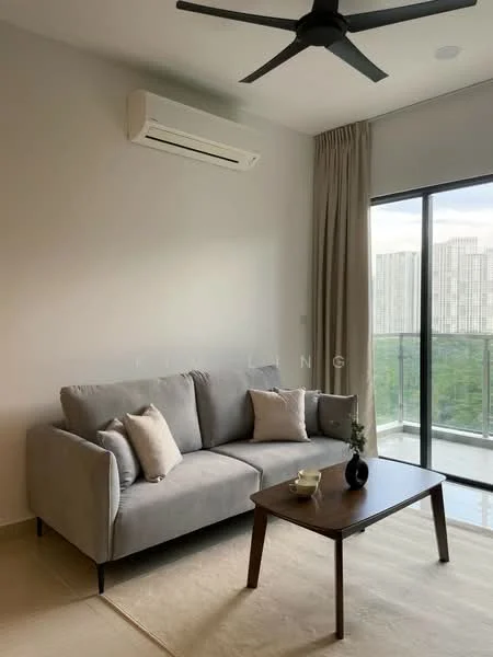 Living features: 3-seater fabric sofa in grey, 2 decorative cushions, wood coffee table, floor-to-ceiling sliding glass door, curtains, wall-mounted split AC, light-colored walls, neutral-toned flooring, ceiling fan with 3 blades, view of city skyline; style: modern; view: city.