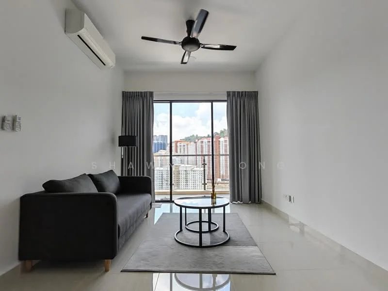 Living features: 3-seater fabric sofa in grey, round coffee table with metal base, area rug in light color, floor-to-ceiling windows, sliding glass door, curtains in grey, 1 wall-mounted split AC, ceiling fan with 5 blades, white painted walls, polished tile flooring; style: modern; view: city.