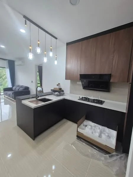 Kitchen features: wood cabinetry, white countertop, stainless-steel sink, chrome pull-down faucet, built-in oven, 4-burner gas hob, black backsplash, recessed downlights, pendant lighting, tile flooring, open shelving, pantry drawer; style: modern.
