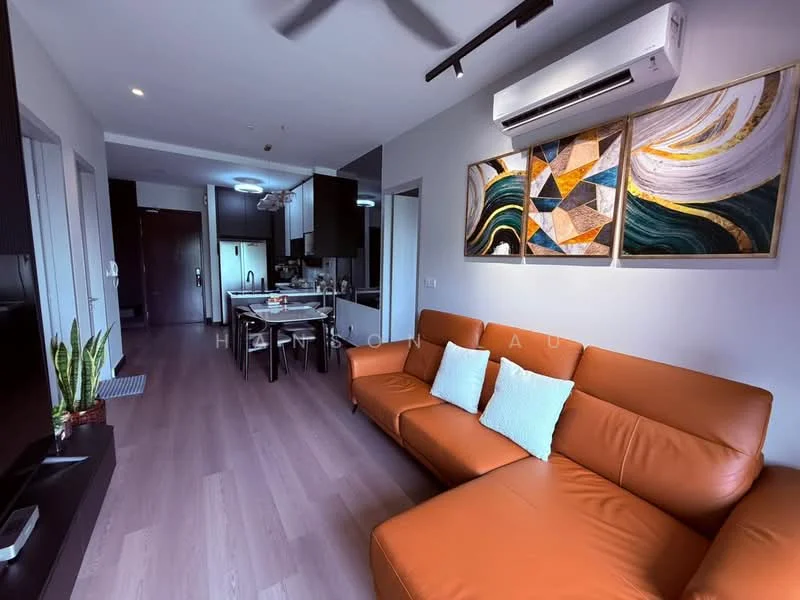 Living features: 3-seater leather sofa in orange, ceiling fan, wall-mounted TV, wooden TV console, decorative artwork on walls, laminate flooring, large window with natural light, potted plant, recessed lighting; style: modern. Dining features: 4-seater dining table, black dining chairs, open-plan layout to kitchen, laminate flooring; style: modern.