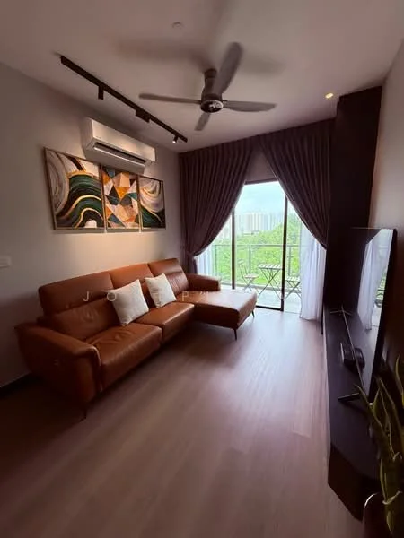 Living features: 3-seater leather sofa in brown, L-shape sectional sofa, coffee table, wall-mounted TV, floor-to-ceiling windows, sliding glass door, curtains, ceiling fan, artwork on wall, wooden flooring, decorative plant; style: modern; view: city.