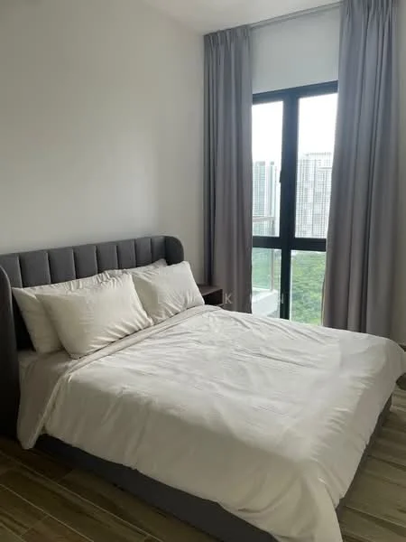 Bedroom features: king-size bed with upholstered headboard, white bedding, floor-to-ceiling window, grey curtains, wooden flooring, decorative wall, nightstand, view of city skyline; style: modern; view: city.
