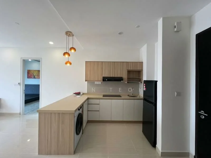 Kitchen features: light wood cabinetry, white countertop, stainless-steel sink, chrome pull-down faucet, built-in oven, 4-burner gas hob, stainless-steel range hood, black refrigerator, washing machine, pendant lighting with three bulbs, ceramic tile flooring, white painted walls, recessed downlights; style: modern.
