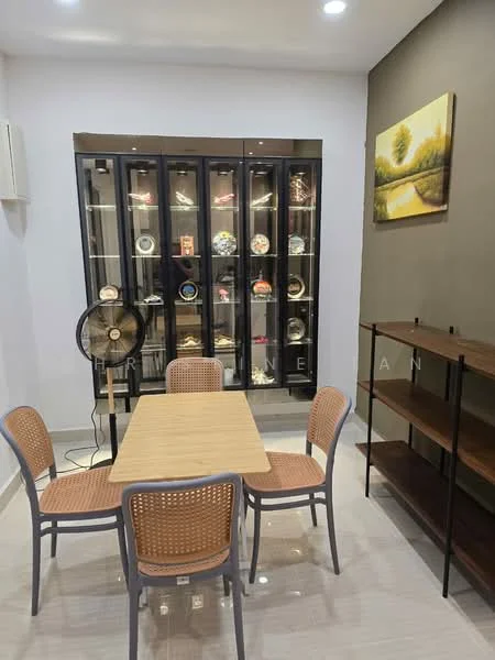 Dining features: light wood dining table, 4 dining chairs with rattan seats, black metal shelving unit, glass display cabinet with decorative items, cream painted walls, grey accent wall, recessed ceiling lights, wall-mounted air conditioning unit, floor tiles with glossy finish, standing fan; style: modern.