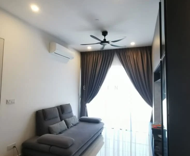 Living features: grey fabric sofa, 5-blade ceiling fan with light, wall-mounted split AC, floor-to-ceiling windows, sheer curtains, dark grey curtains, glossy tile flooring, wall-mounted TV unit; style: modern.