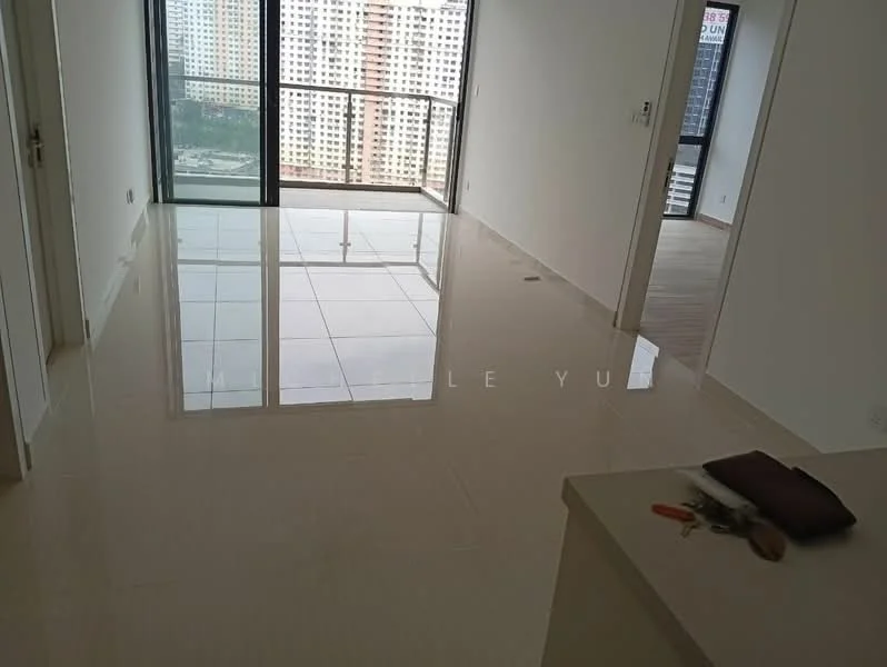 Room features: large floor-to-ceiling windows, white painted walls, glossy ceramic tile flooring, open layout, city view, neutral color palette, minimalist design, natural light flooding the space; style: modern; view: city.