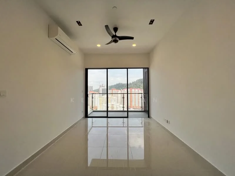Living features: white painted walls, polished ceramic tile flooring, 5-blade ceiling fan with light, floor-to-ceiling windows, sliding glass door, city view, recessed downlights, air conditioning unit; style: modern; view: city.