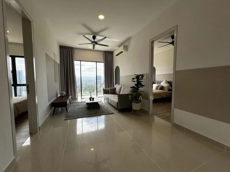 Living features: large floor-to-ceiling windows, grey curtains, 5-blade ceiling fan with light, recessed downlights, light-coloured walls with a darker accent, polished tile flooring, area rug, decorative plant in a pot, wall-mounted air conditioning unit, open layout, view of the city skyline; style: modern; view: city. Bedroom features: queen-size bed, upholstered headboard, bedside lamps, wooden flooring, decorative cushions, wall-mounted artwork, built-in wardrobe, natural light from windows; style: modern; view: city.