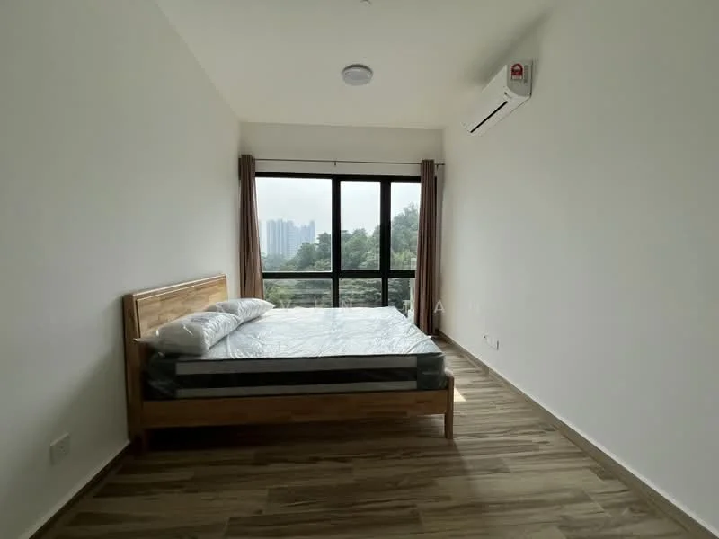 Bedroom features: queen-size bed, wooden bed frame, mattress, floor-to-ceiling windows, curtains, 1 wall-mounted split AC, light fixture on ceiling, laminate flooring, white painted walls; style: modern; view: city.