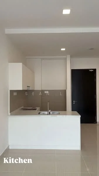 Kitchen features: white cabinetry, marble countertop, single-bowl stainless-steel sink, chrome pull-down faucet, built-in oven, 4-burner gas hob, ceramic tile flooring, recessed downlights, wall-mounted kitchen cabinet, open shelving; style: modern.