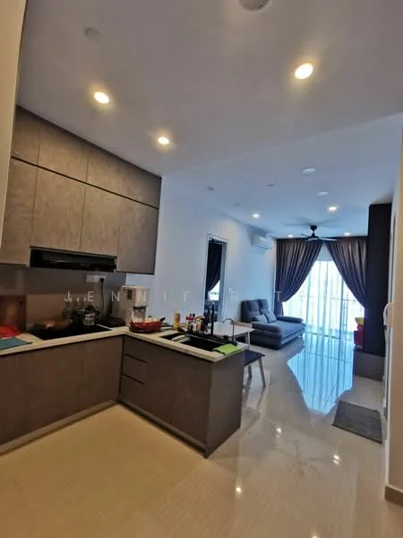 Kitchen features: dark wood cabinetry, white countertop, stainless-steel sink, chrome pull-down faucet, built-in oven, freestanding range oven, ceramic tile flooring, recessed downlights; style: modern. Living features: 3-seater fabric sofa in grey, coffee table, TV console, area rug, floor-to-ceiling windows, curtains, ceiling fan; style: modern.