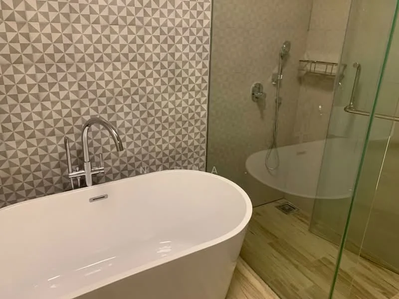 Bathroom features: freestanding bathtub, chrome floor-mounted faucet, walk-in shower with glass enclosure, rain shower head, handheld shower, tile cladding with geometric pattern, wood-look tile flooring, shower shelf, glass shower door; style: modern.