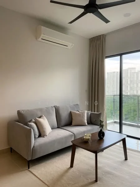 Living features: 3-seater fabric sofa in grey, 2 decorative pillows, wood coffee table, floor-to-ceiling sliding glass door, curtains in light beige, wall-mounted split AC, neutral painted walls, light-colored flooring, decorative plant on table; style: modern; view: city.
