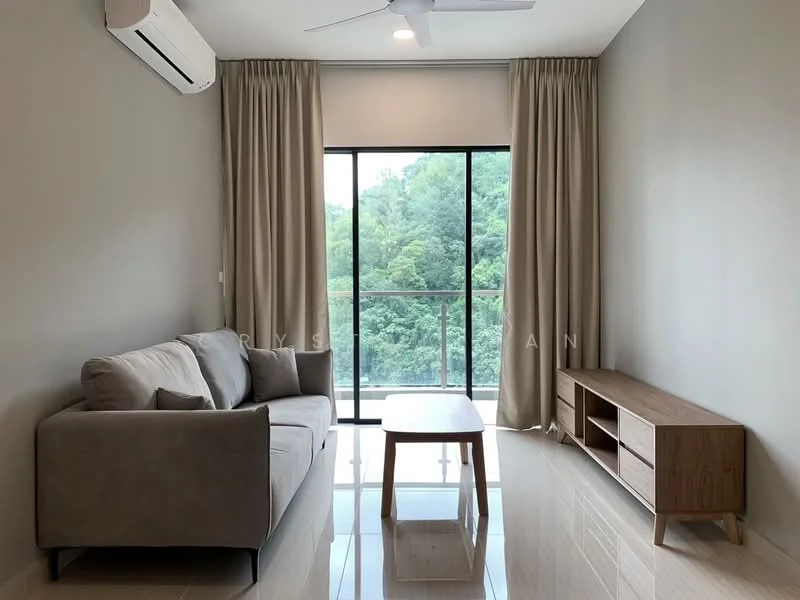 Living features: 3-seater fabric sofa in grey, wooden coffee table, TV console in light wood, floor-to-ceiling windows, sheer curtains, recessed downlights, 5-blade ceiling fan with light, glossy tile flooring, neutral painted walls; style: modern; view: garden.
