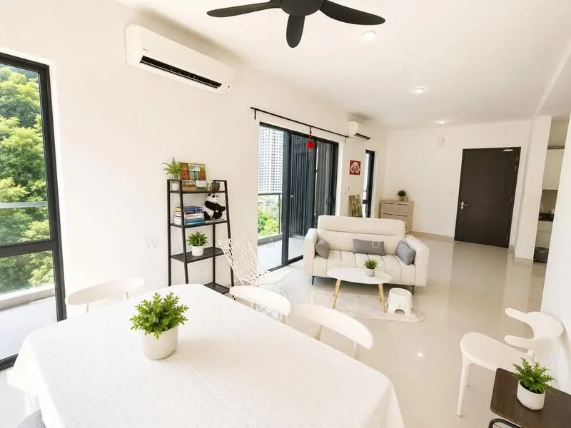 Living features: white painted walls, polished concrete flooring, 5-blade ceiling fan with light, floor-to-ceiling windows, sliding glass door, sheer curtains, sofa in light grey, coffee table, decorative plants, open shelving unit, dining table with white tablecloth, white dining chairs, wall-mounted air conditioning unit; style: modern; view: garden.