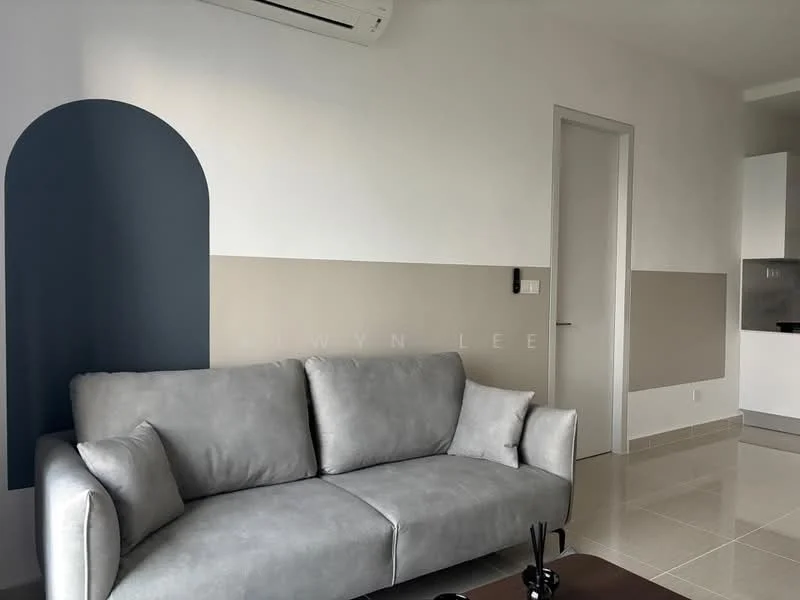 Living features: grey fabric sofa, wall-mounted split AC, white painted walls, two-tone wall design with dark blue and beige sections, glossy tile flooring, recessed lighting, doorway leading to another room, minimalist decor; style: modern.
