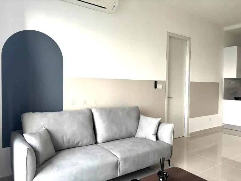 Living features: grey fabric sofa, light-coloured walls, accent wall with arch design, glossy tile flooring, air conditioning unit, recessed lighting, white door, minimalist decor; style: modern.