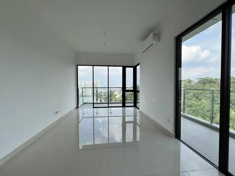 Living features: white painted walls, glossy ceramic tile flooring, floor-to-ceiling windows, sliding glass door, 1 wall-mounted split AC, natural light from windows, view of greenery, view of city skyline; style: modern; view: city.