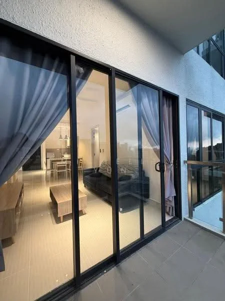Room features: floor-to-ceiling glass doors, grey sheer curtains, light-coloured tiled flooring, balcony with railing, outdoor seating area, visible living area, dining area in background, modern furniture; style: modern; view: city.