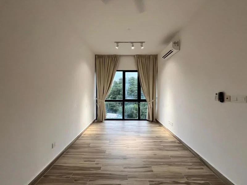 Room features: white painted walls, wooden flooring, floor-to-ceiling windows, sheer curtains, recessed LED downlights, 1 wall-mounted split AC; style: modern; view: garden.