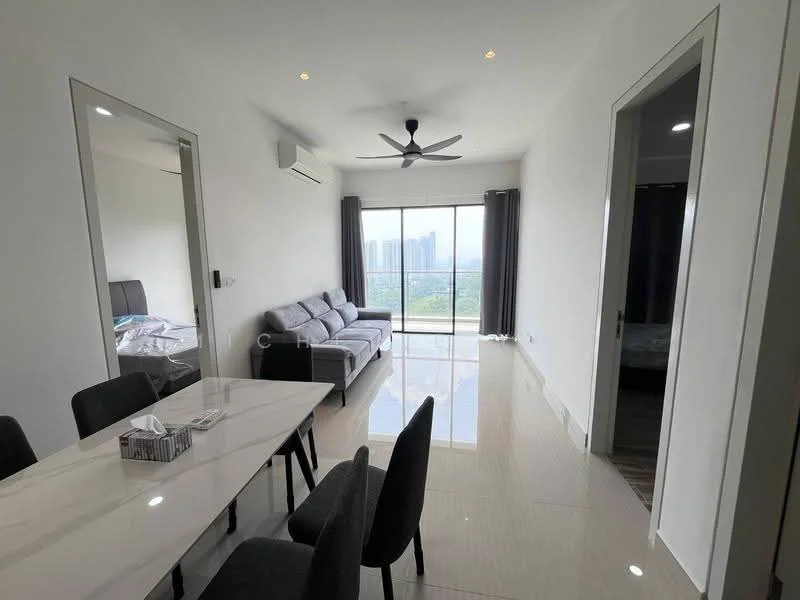 Living features: 5-blade ceiling fan with light, floor-to-ceiling windows, grey fabric sofa, white walls, recessed downlights, sliding glass door, light-coloured tile flooring, curtains, dining table with white surface, black upholstered dining chairs; style: modern; view: city. Room features: white walls, light-coloured tile flooring.
