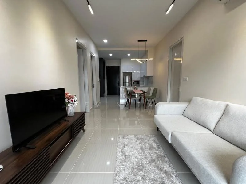 Living features: light grey fabric sofa, wooden TV console, wall-mounted TV, area rug with geometric pattern, recessed LED downlights, white painted walls, glossy tile flooring, decorative flower arrangement, ceiling pendant light; style: modern. Dining features: 4-seater dining table, transparent dining chairs, white painted walls, glossy tile flooring, recessed LED downlights; style: modern. Kitchen features: open kitchen layout, white cabinetry, stainless-steel appliances, glossy tile flooring, recessed LED downlights; style: modern.