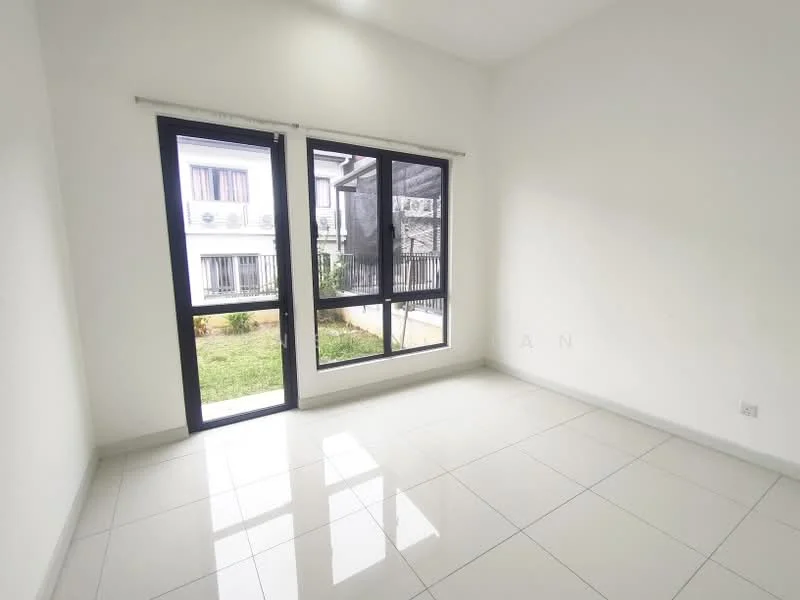 Room features: white painted walls, glossy ceramic tile flooring, floor-to-ceiling windows, sliding glass door, natural light from windows, view of garden, no visible furniture, neutral color scheme; style: modern; view: garden.
