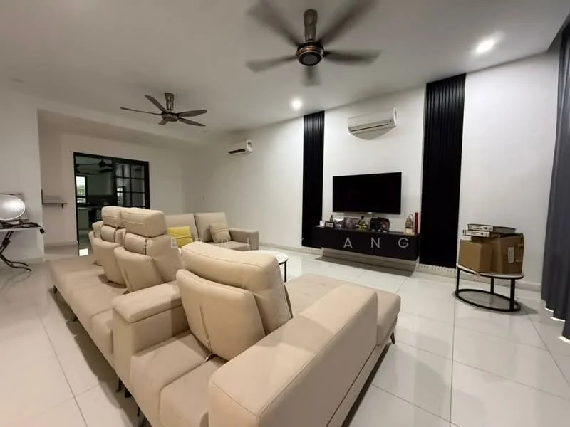 Living features: beige leather sectional sofa, white coffee table, wall-mounted TV, black TV console, 2 ceiling fans, white tiled flooring, black accent wall, grey curtains, air conditioning unit, decorative items on console; style: modern.
