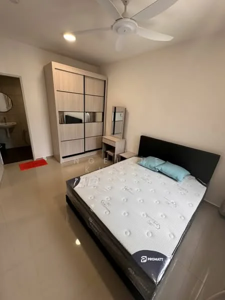 Bedroom features: queen-size bed, upholstered headboard, bedding with decorative pillows, built-in wardrobe with sliding doors, study desk with mirror, ceiling fan, tile flooring, white painted walls, window with natural light, light fixture on ceiling; style: modern.