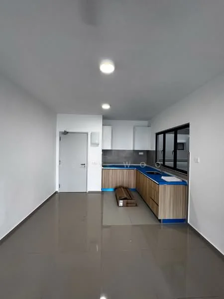 Kitchen features: white painted walls, grey tiled flooring, laminate cabinetry in light wood, blue countertop, single-bowl stainless-steel sink, chrome pull-down faucet, built-in oven, recessed LED downlights, window with black frame, open layout, kitchen island, wall-mounted cabinet, appliance space, no visible appliances; style: modern.