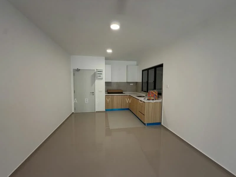 Kitchen features: white painted walls, light grey floor tiles, flat-panel wood cabinetry, white countertop, single-bowl stainless-steel sink, chrome pull-down faucet, built-in oven, stainless-steel range hood, 4-burner gas hob, window with black frame, recessed downlights; style: modern. Room features: light grey floor tiles, white painted walls, recessed downlights.