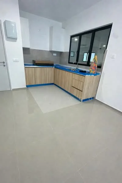 Kitchen features: laminate cabinetry in light wood finish, blue countertop, stainless-steel sink, chrome faucet, ceramic tile backsplash, white painted walls, grey tile flooring, floor-to-ceiling windows, built-in oven, recessed downlights; style: modern.