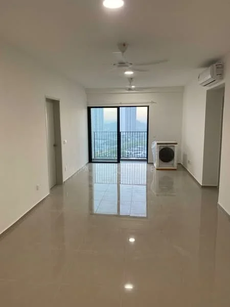 Living features: white painted walls, glossy ceramic tile flooring, 5-blade ceiling fan with light, wall-mounted split AC, floor-to-ceiling windows, sliding glass door, natural light, neutral color scheme; style: modern; view: city.