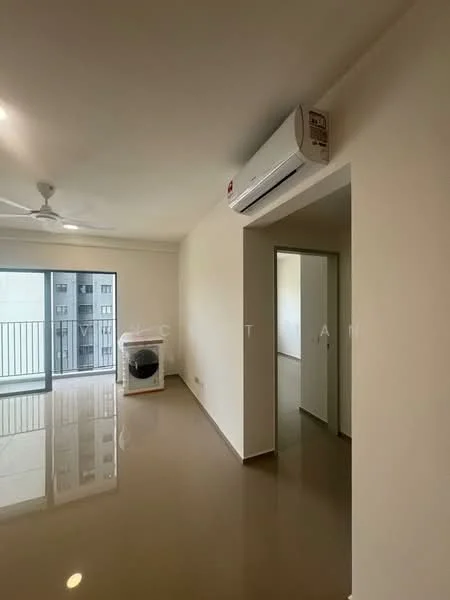 Room features: white painted walls, glossy beige tile flooring, 5-blade ceiling fan, wall-mounted split AC, floor-to-ceiling windows, sliding glass door, balcony access, doorway leading to another room; style: modern.