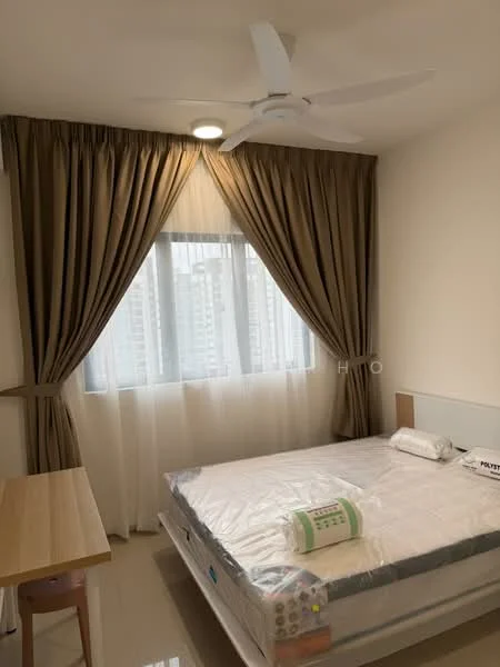 Bedroom features: queen-size bed, upholstered headboard, bedside table, floor-to-ceiling window, sheer curtains, dark brown curtains, 5-blade ceiling fan with light, light-colored walls, polished tile flooring; style: modern; view: city.