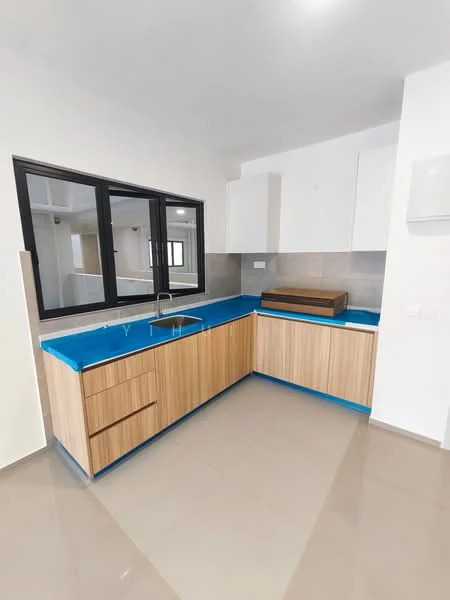 Kitchen features: blue countertop, wood cabinetry, white upper cabinets, stainless-steel sink, chrome faucet, grey tile backsplash, open shelving, floor-to-ceiling windows, ceramic tile flooring, recessed lighting; style: modern.
