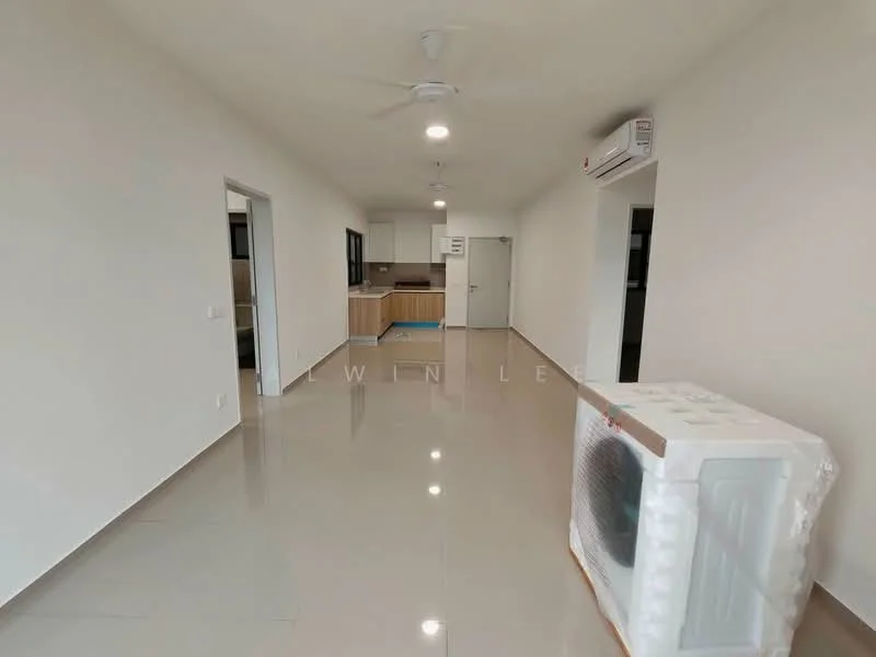 Living features: white painted walls, glossy tile flooring, 5-blade ceiling fan with light, wall-mounted split AC, open layout, natural light from windows, neutral color scheme, no visible furniture; style: modern. Kitchen features: kitchen cabinetry, countertop, open layout to living area; style: modern.