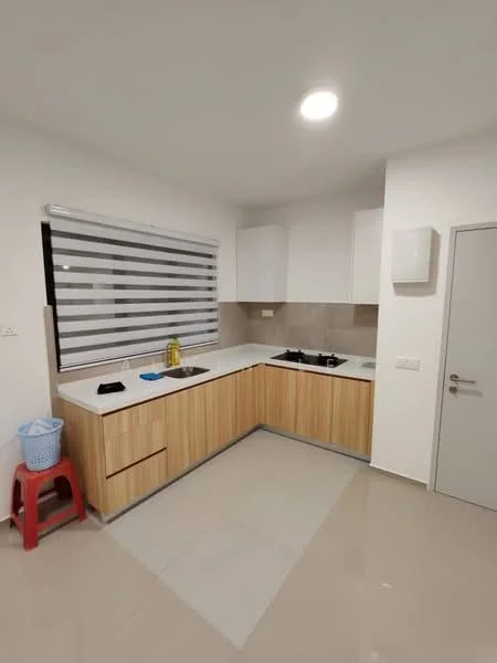 Kitchen features: white cabinets, wooden cabinetry, white countertop, gas stove, built-in oven, double-bowl stainless-steel sink, window with horizontal blinds, light-colored tile flooring, recessed ceiling lights, kitchen island with storage, wall-mounted extractor hood; style: modern.