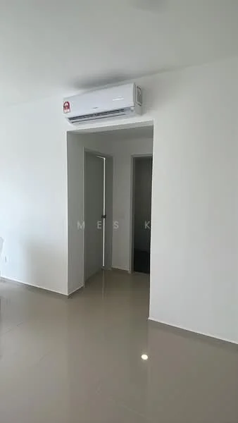Room features: white painted walls, glossy ceramic tile flooring, 1 wall-mounted split AC, doorway leading to another room, doorway leading to hallway, neutral color scheme, minimalist design; style: modern.