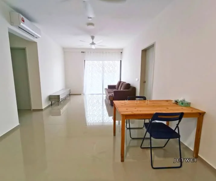 Living features: light grey walls, polished ceramic tile flooring, 5-blade ceiling fan with light, wall-mounted split AC, sofa in brown fabric, wooden dining table, blue dining chairs, floor-to-ceiling windows with sheer curtains, TV console, decorative wall art; style: modern.