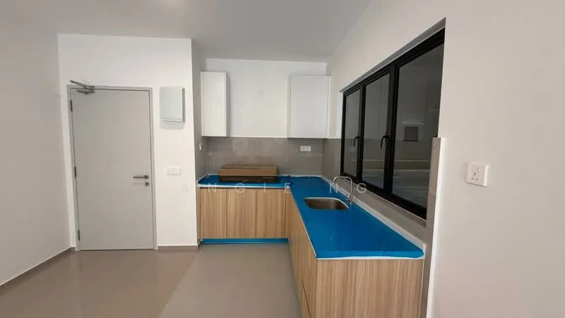 Kitchen features: blue laminate countertop, wood cabinetry, single-bowl stainless-steel sink, chrome faucet, grey tiled backsplash, floor-to-ceiling window, white painted walls, glossy tile flooring; style: modern.