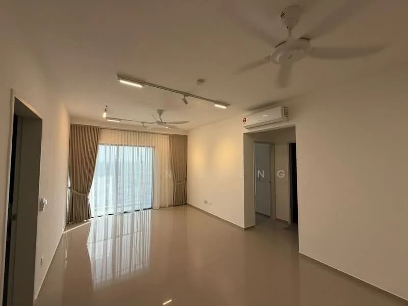 Living features: cream painted walls, polished ceramic tile flooring, 2 ceiling fans, recessed LED downlights, floor-to-ceiling windows, sheer curtains, air conditioning unit, sliding glass door; style: modern; view: city.
